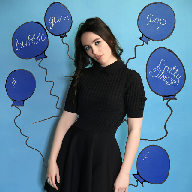 Bubblegum Pop cover art: Emily in a black dress on periwinkle blue, surrounded by hand-drawn cobalt balloons and handwritten words